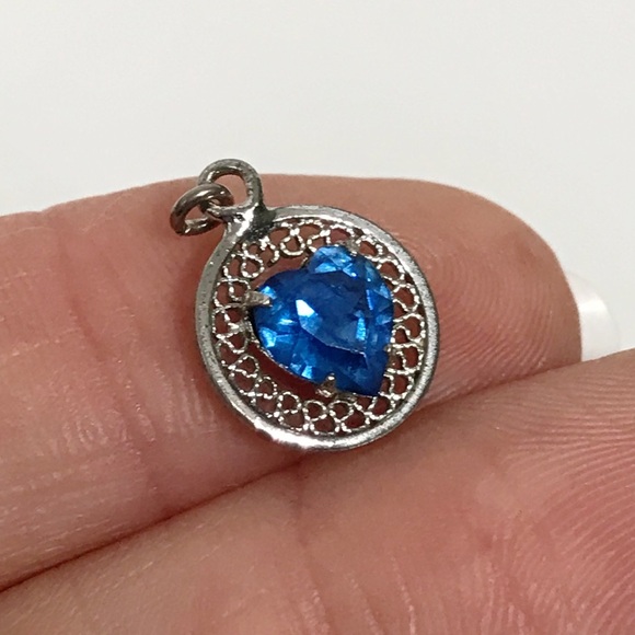 Artisan Signed R Sterling Silver Filigree Dainty Heart Paste Rhinestone Pendant - Picture 3 of 14